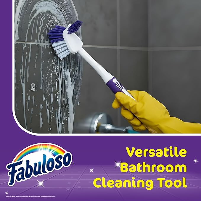 Fabuloso Tile Brush with Spot Scrubber, Long Bathroom Cleaning Brush with Medium Bristles, Shower Scrubber with Hanging Hole for Tile, Grout, Tubs, Floors and Bathroom Walls, 11 Inch