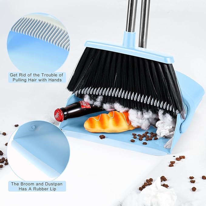 Broom and Dustpan Set House Brooms for Sweeping Indoor Collapsible Broom and Dust Pan Combo for Home Office Kitchen Lobby Floor Pet Hair (Small-Blue)