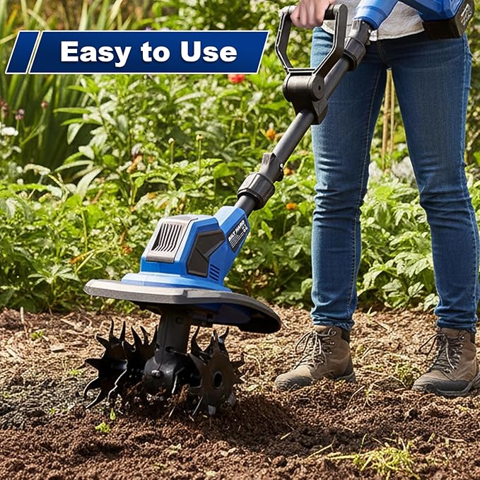 BILT HARD 20V Cordless Tiller Cultivator, 8.7'' Working Width Battery Powered Garden Cultivator, 300RPM Electric Tiller for Lawn, Gardening, Soil Cultivation (4.0AH Battery and Charger Included)