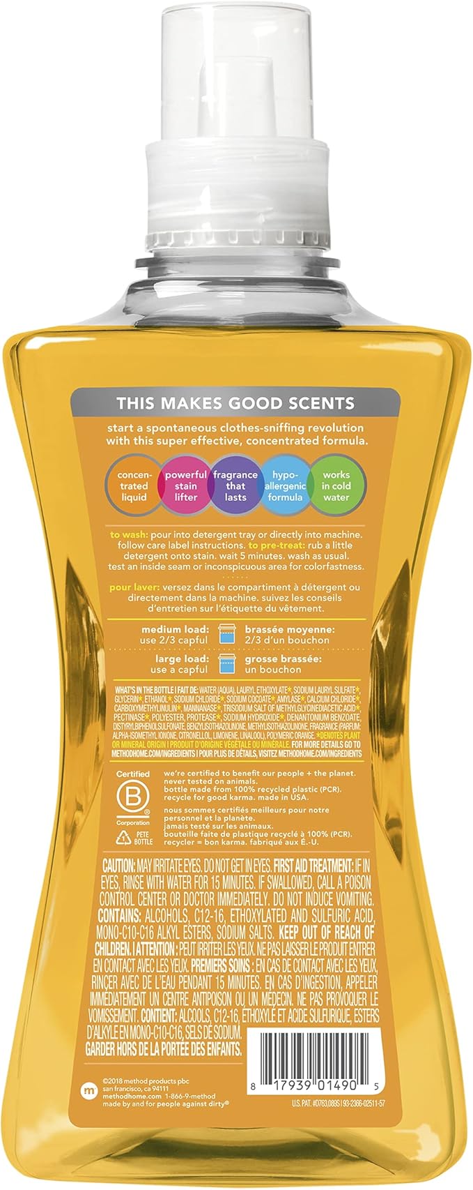 Method Liquid Laundry Detergent, Ginger Mango, 66 Loads Per Bottle, Hypoallergenic + Stain Remover, 53.5 Fl Oz (Pack of 1)