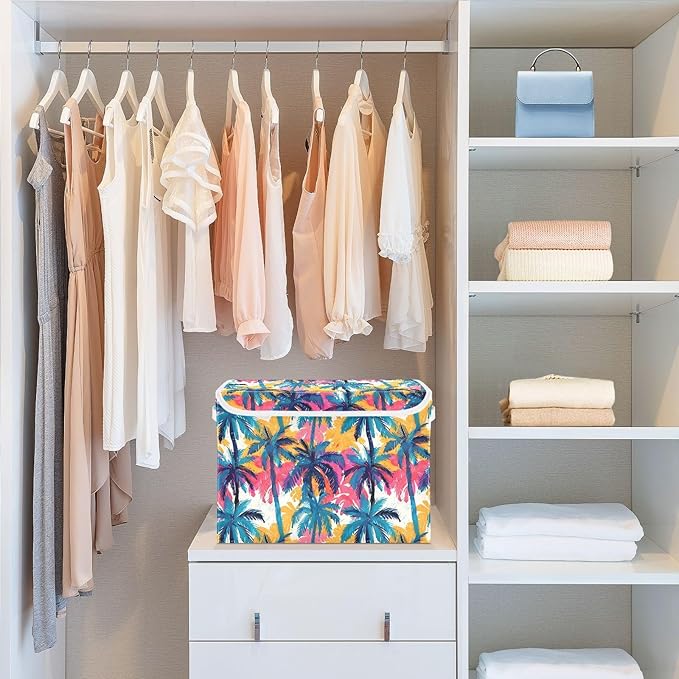 senya Large Storage Bins with Linen Collapsible Foldable Storage Cubes Fabric Closet Organizer Containers box with Flip-Top Lid for Home Bedroom Office 16.7 x 12.6 x 11.8in (Dinosaur Palm Trees)