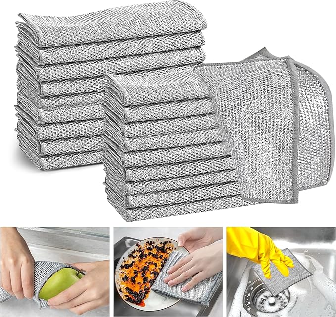 XANGNIER 20 Pcs Multipurpose Wire Dishwashing Rags for Wet and Dry,2024 New Multifunctional Non-Scratch Wire Dishcloth,Wire Cleaning Cloth,Non Scratching Metal Wire Rag for Kitchen,Counter,Dishes,Sink