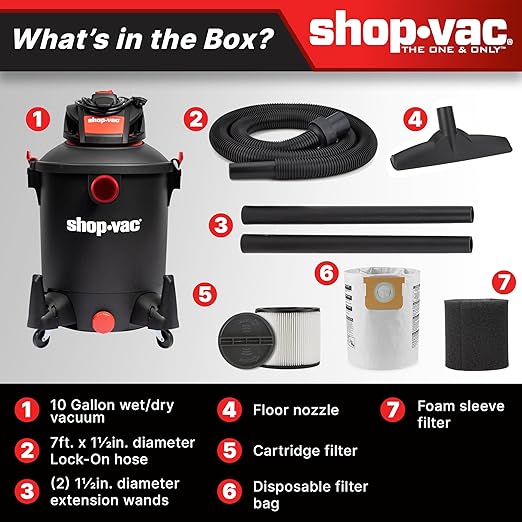Shop-Vac 5761011 10 Gallon Wet/Dry Shop Vacuum, 4.5 Peak HP, 1.5 Inch Diameter x 7 Foot Hose, 12 Foot Cord, Ideal for Home, Garage, and Workshop Cleaning