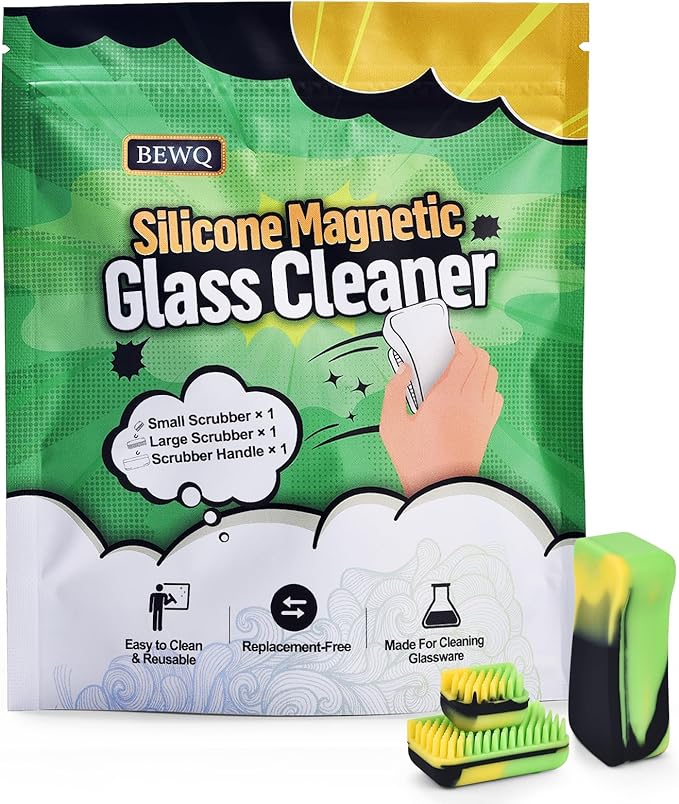 Magnetic Glass Cleaner Kit - Deep Cleans Hard-to-Reach Glassware & Narrow Pipes Two Reusable Silicone Scrubbers with Handle Perfect for Intricate Shapes, Black