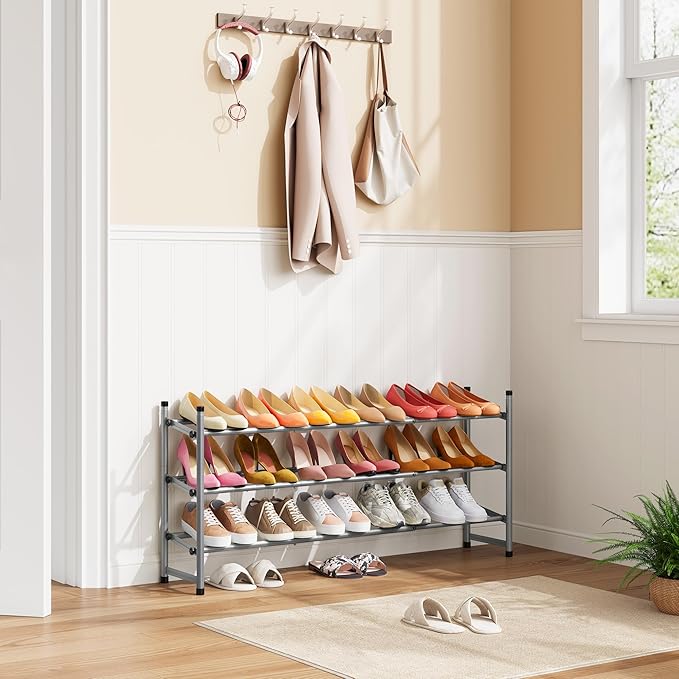 Tajsoon Expandable Shoe Rack for Closet 3 Tier, 28“-41“Adjustable & Stackable Shoe Shelf Storage, Metal Shoe Rack Organizer for Front Door Entrance, Closet, Garage, Entryway, Grey