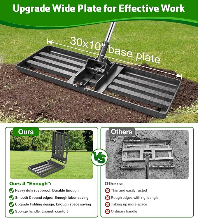 Lawn Leveling Rake 30x10 inch with Stainless Steel Rod and Carbon Steel Head - Heavy Duty Yard Leveler for Grass Soil Sand Dirt Topsoil Fertilizer Distribution Garden Farm