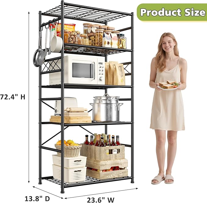 DurayLoly Storage Shelves 5 Tier Capacity,Metaling Shelving with Hooks,Heavy Duty Garage Shelves Unit with Leveling Feet,Wire Shelving for Pantry,Kitchen and Closet,23.6" W x 13.8" D x 72.4" H,500lbs