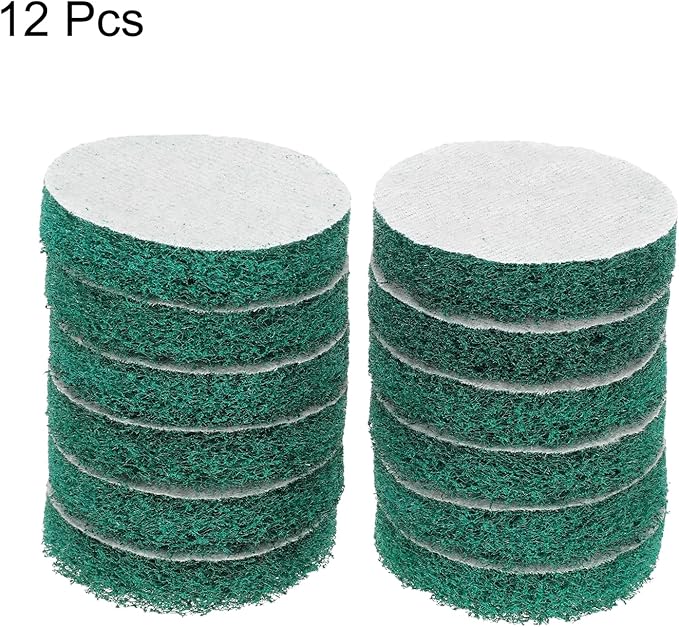 HARFINGTON 12pcs Scrubber Scouring Pads 180 Grits 3 Inch Drill Power Brush Hoop and Loop Surface Conditioning Disc Drill Scuffing Disc Scrub Pads for Home Kitchen Cleaning, Green