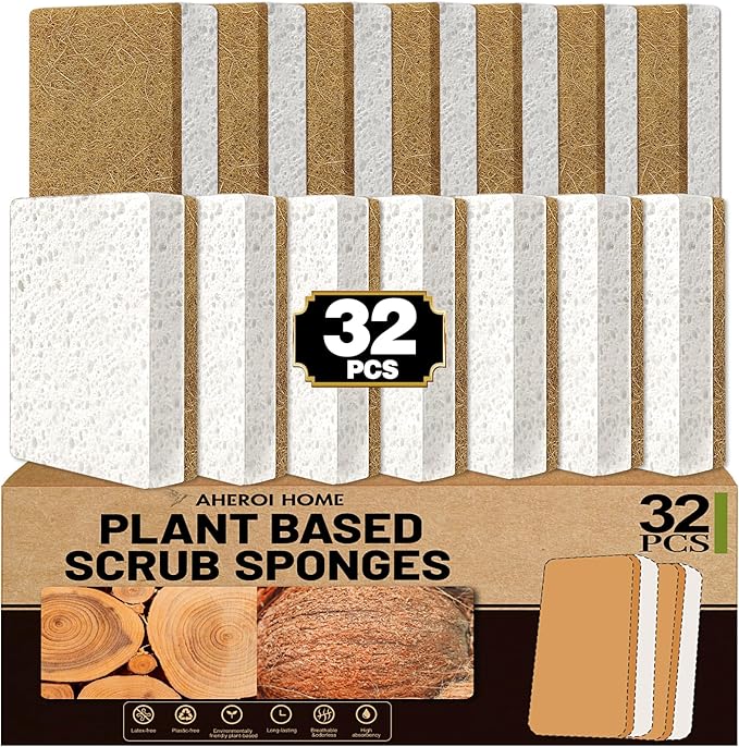 Aheroi Natural Dish Sponge, 32 Count FSC Certified Plant-Based Biodegradable Compostable Kitchen Sponges for Dishes Bulk, Organic Eco Friendly Cleaning Sponge for Bathroom, Household, Non Scratch