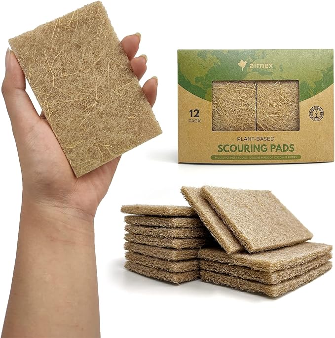 Plant-Based Scouring Pads for Dishes - Coconut Husk Non Scratch Scrub Pads - Natural Kitchen Scrubbing Pads for Pots & Pans - Eco Friendly & Non Abrasive Dish Scrubber Pads - Pack of 12