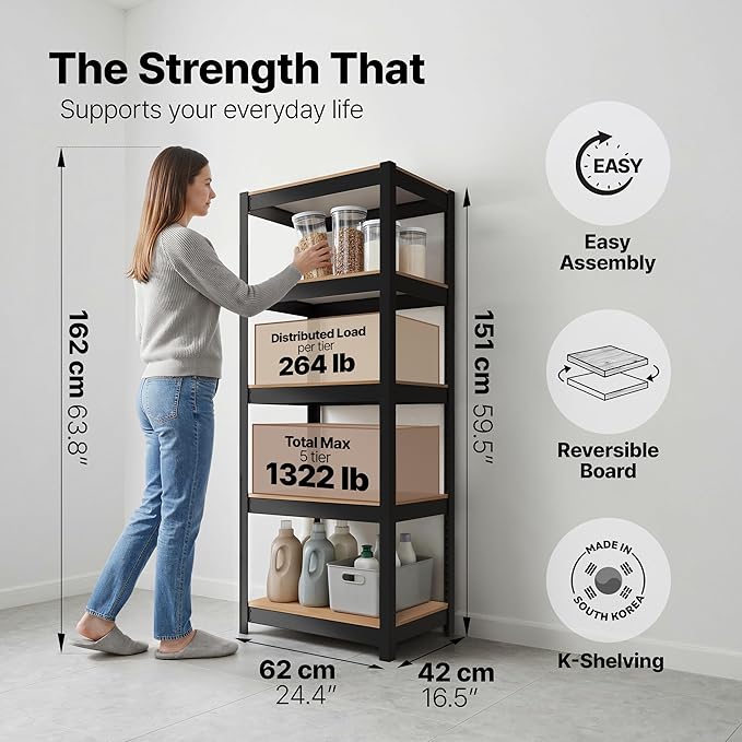 HOMEDANT House 24.4" W 5 Tier Heavy Duty Garage Shelving Adjustable Metal Rack Storage Shelves Standing Shelf Unit Organizers Pantry Closet Office Black 2Pack