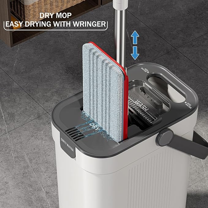 Mop and Bucket Set, Flat Mop and Bucket System with Separate Dirty and Clean Water, 3-Compartment Wall Cleaner Mop, Flat Mops for Floor Cleaning with 8 Microfiber Pads