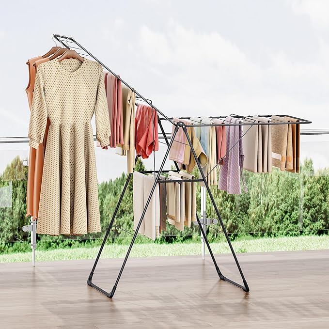 APEXCHASER Clothes Drying Rack, Foldable Oversized Drying Rack Clothing with L-Shaped Foot Cover, Height-Adjustable, Multi-Bar Laundry Rack, Indoor Outdoor Use, 20.4" D x 70" W x 42.52" H, Jet Black