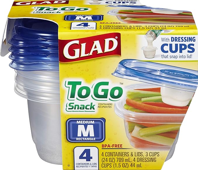 Glad GladWare To Go Snack Food Storage Containers with Lids, Medium Rectangle No BPA Plastic with Built-In Dressing Cup for Salads and Snacks, Microwave Dishwasher Safe, 24 Oz, 4 Count - 6 Pack