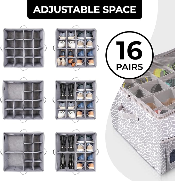 ALCOVA Shoe Organizer for Closet, 3 Pack Shoe Storage Box with Clear Cover, Foldable Shoe Storage Box, Fits up to 48 Pairs, Gray