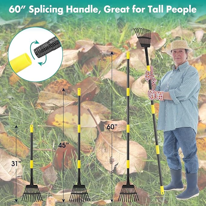 Rake, 60 Inch Long, 11 Tines Small Metal Garden Rake for Leaves, Heavy Duty 9 Inch Wide Rakes for Lawns, Yard Leaf Rakes for Gardening , Flower Beds, Shrub, Kid