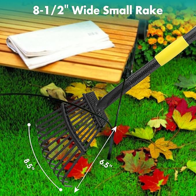Rake, 73 Inch Long, 11 Tines Small Metal Garden Rake for Leaves, Heavy Duty 9 Inch Wide Rakes for Lawns, Yard Leaf Rakes for Gardening , Flower Beds, Shrub, Kids