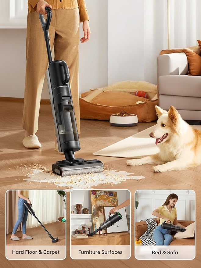 DREAME H12 Dual Vacuum Mop, 4-in-1 Cordless Vacuum Mop Combo, Wet Dry Vacuum Cleaner for Hard Floor, Cordless Vacuum for Multi-Surface, One-Step Self Cleaning with Hot Air Drying, Black