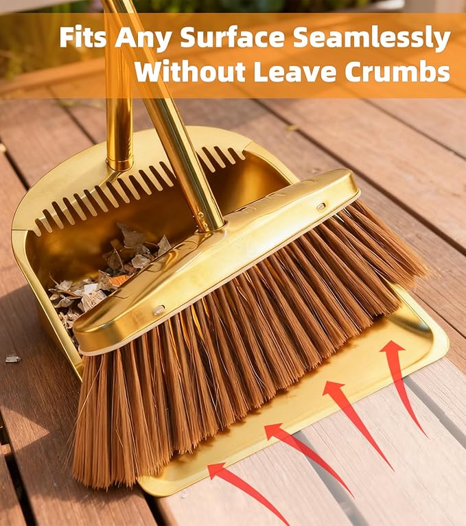 Gold Stainless Steel Broom and Dustpan Set, 2-Piece Long Handle Standing Pan with Comb Teeth, Heavy Duty Windproof Upright Design for Home, Kitchen, Indoor Outdoor Use