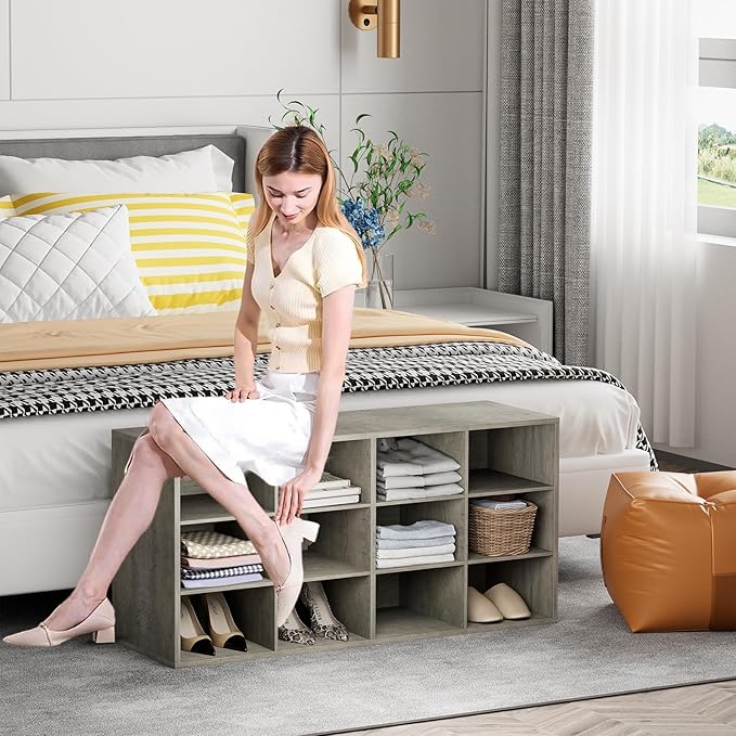 Garden 4 you Shoe Storage Bench, Cubby Shoe Rack with 12 Cubbies, 3-Tier Wood Shoe Rack Organizer, Shoe Organizer Cabinet for Entryway, Hallway, Closet and Garage, Grey