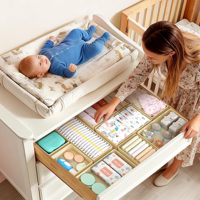 DIMJ Drawer Organizer Clothes Storage - 16 Pack Baby Dresser Organizer for Nursery, Foldable Drawer Dividers for Bedroom Closet Organization, Fabric Storage Bins for Socks, Underwears, Bras