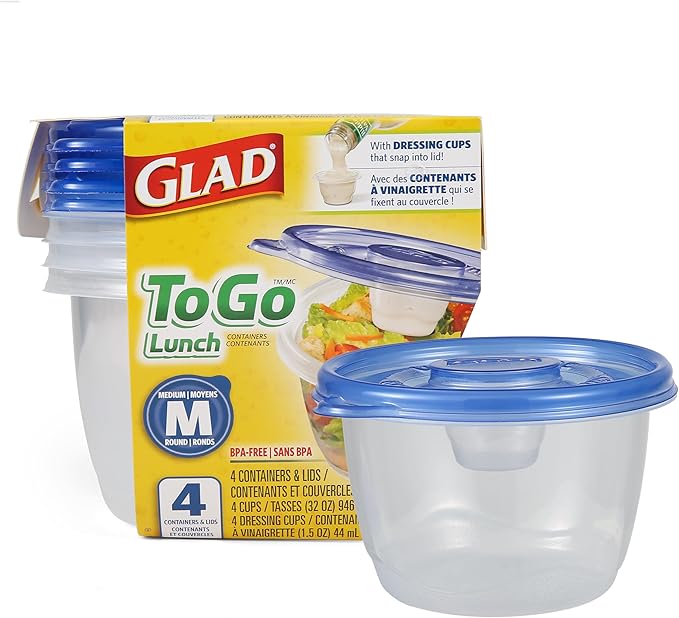 Glad GladWare To Go Lunch Food Storage Containers with Lids, Medium Round BPA Free Plastic with Built-In Dressing Cup for Salads and Lunches, Microwave Dishwasher Safe, 32 Oz, 4 Count