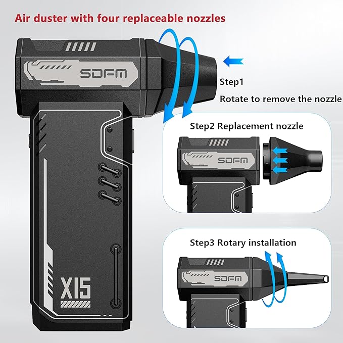 SDFM Compressed Air Duster - 180,000 RPM Snow Blower - with Brushless Motor, 3-Gear Adjustable Air Duster - for Keyboard, PC, Car, Air Bed, and Home Cleaning (X15)