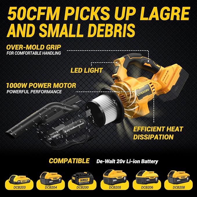 LITEKON Cordless Vacuum Compatible with 𝗗𝗘-𝗪𝗔𝗟𝗧 20V Max Battery (No Battery), Handheld Battery Powered Vacuum Cleaner for Wood Floor, Carpet, Car Cleaning, 125AW (Tool Only)
