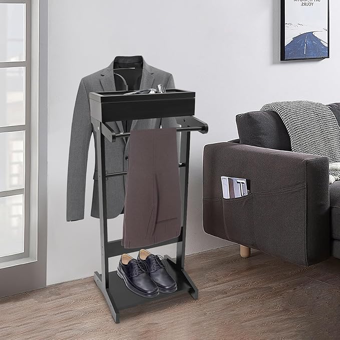 Valet Stand with Drawer and Top Tray, Wood Mens Suit Valet Stand with Wood Base, Freestanding Clothes Valet Stand with Hanger, Storage Organizer for Entryway Office Living Room (D, Black)