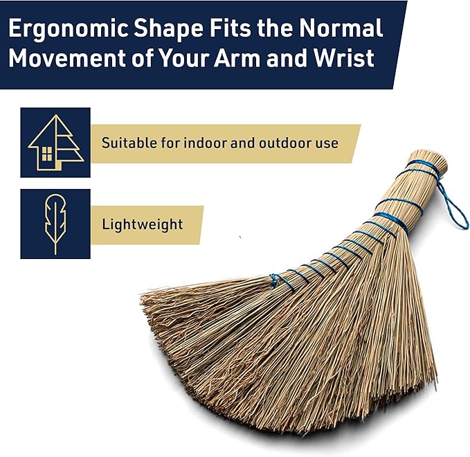 Natural Straw Whisk Broom - 12.5 Inch Small Hand Broom with Ergonomic Shape for Multi-Surface Cleaning - Stiff Bristle Brush for Indoor or Outdoor Use by Kings County Tools