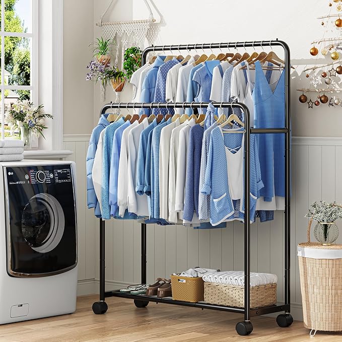 Simple Trending Clothing Clothes Rack Double Rods with Wheels, Rolling Metal Garment Rack for Hanging, Black