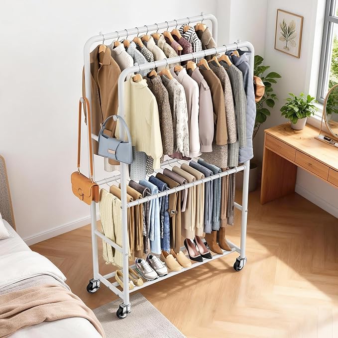 Clothes Racks for Hanging Clothes, Rolling Clothing Rack with Pants Rack, Side Hooks & Shoe Shelf, Portable Garment Rack for Bedroom, Laundry Room, Clothing Store, Closet, White