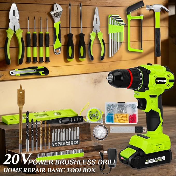Brushless Drill Tool Set,20V Cordless Drill Tool Box with 2.0Ah Battery,50N.m & 24+1 Gear 3/8" Keyless Metal Self-locking Chuck Handheld Tool Drills Kit,Taladro Inalámbrico for Home Repair Set