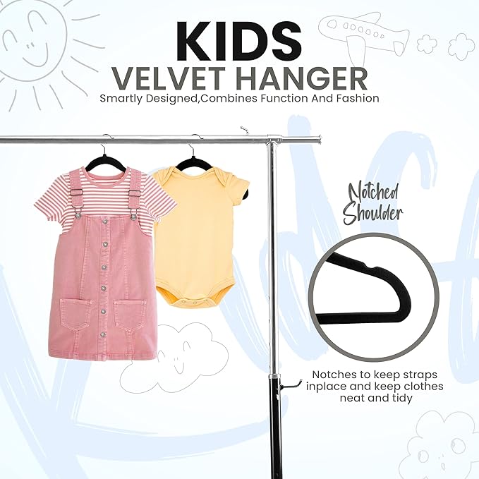 Utopia Home Kids Hangers Velvet (150 Pack) - 11 Inch Durable Baby Hangers for Closet - Perfect for Toddler & Non Slip for Everyday Use (Black)