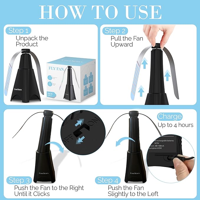 Fly Fans for Tables (4 PCS) - Soundless Fly Swatter Fan for Outdoor Restaurant, Marina, BBQ and Picnic