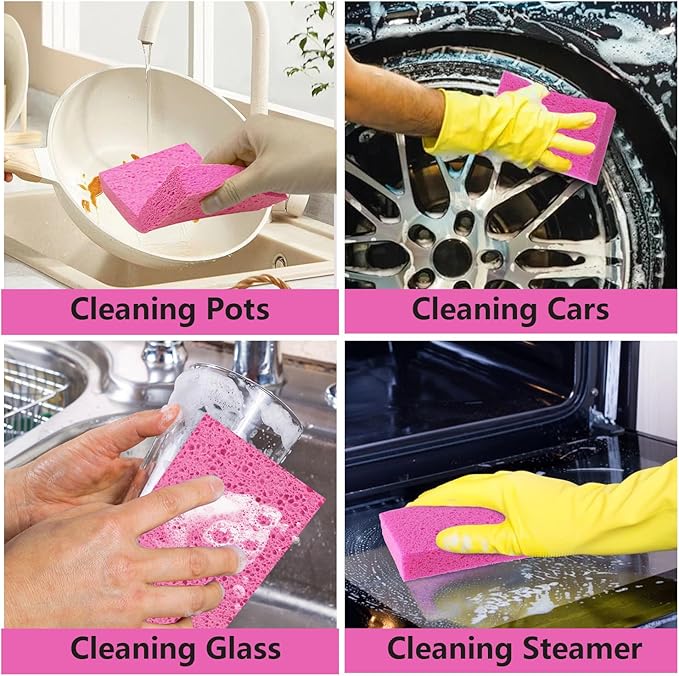 Cellulose Sponges, Large Size 4" x 6" x 1" - Heavy Duty Scrub Kitchen Sponge, Clean Tough Messes Without Scratching Kitchen Cleaning Pads, Pop Up Eco DIY (6 Pack), Pink