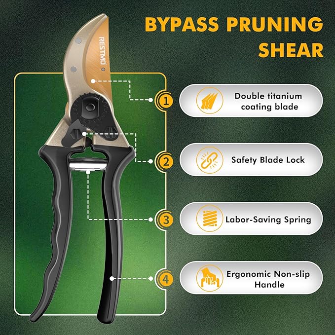 RESTMO 8.6" Professional Pruning Shears, Premium Titanium SKS5 Steel Blade for Long-Lasting Sharpness, Forged Aluminum Handles for Durability, Bypass Pruners for Gardening, Clippers & Scissor Tool