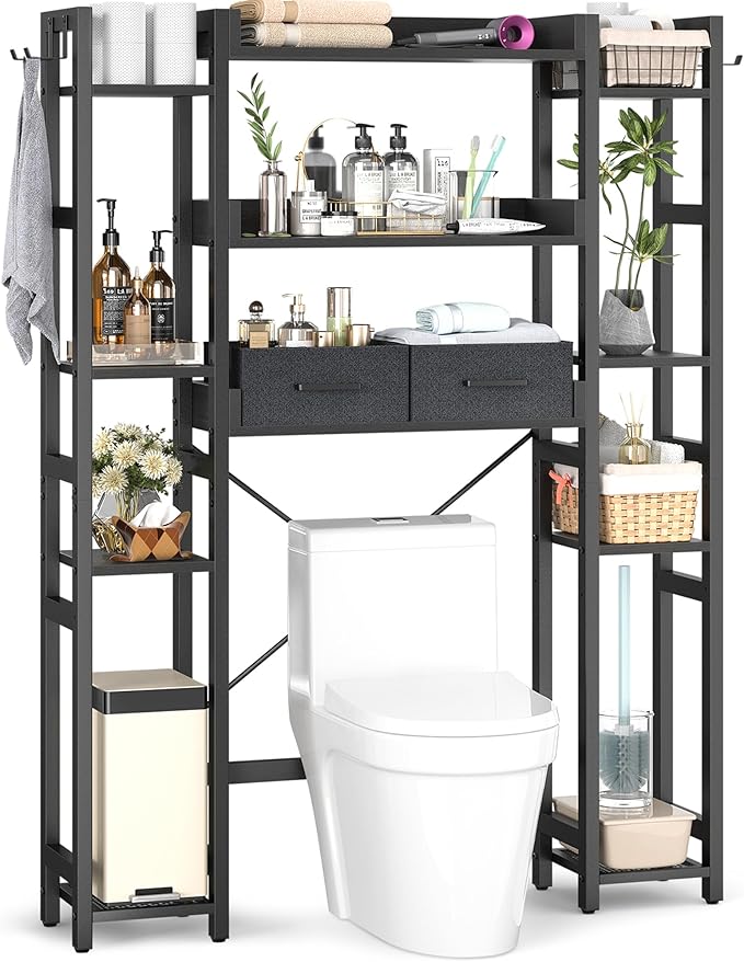 Besiost Over The Toilet Storage with 2 Drawers - 11 Tier Bathroom Organizer Freestanding Space Saver Storage Rack with Adjustable Shelf Above Toilet Stand with 4 Hooks for Restroom, Laundry, Black