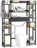 Besiost Over The Toilet Storage with 2 Drawers - 11 Tier Bathroom Organizer Freestanding Space Saver Storage Rack with Adjustable Shelf Above Toilet Stand with 4 Hooks for Restroom, Laundry, Black