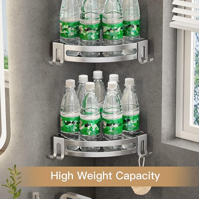 VOLPONE Corner Shower Shelves with Hooks Shower Storage Rack Rustproof Tub Organizer Drill Free (adhesive mounting, no suction cup) Shampoo Holder Wall Mount Corner Shower Caddy (3-Pack, Silver)