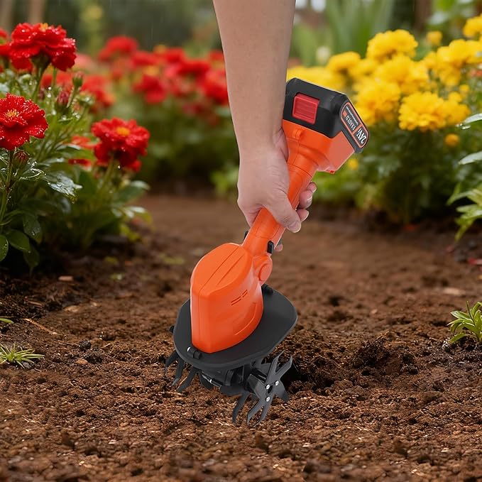 Cordless Mini Tiller Cultivator, 21V Electric Handheld Tiller for Gardening, Lightweight Soil Ripper Garden Tool with 1500mAh Battery & 10cm Tilling Width, Orange ABS Body, Ideal for Home Lawn, Yard