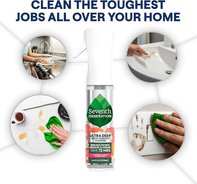 Seventh Generation Ultra Deep Probiotic Multi Surface Cleaner, 9.4 Fl Oz, Grapefruit & Orange, 80% USDA Biobased All Purpose Cleaning Spray, Breaks Down Tough Grease & Grime, Safe for Kids & Pets