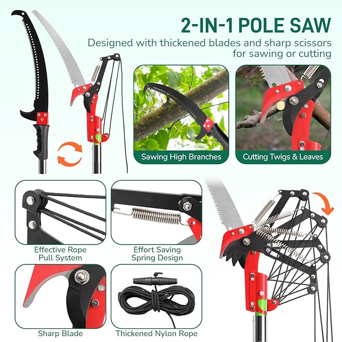 Outvita Manual Pole Saw, 30 Feet Extendable Tree Pruner with Knives and Storage Pocket, Sharp Steel Blade and Scissors High Branches Trimming for Pruning Palms and Shrubs(Green)