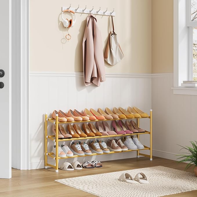 Tajsoon Expandable Shoe Rack for Closet 3 Tier, 28“-41“Adjustable & Stackable Shoe Shelf Storage, Metal Shoe Rack Organizer for Front Door Entrance, Closet, Garage, Entryway, Gold