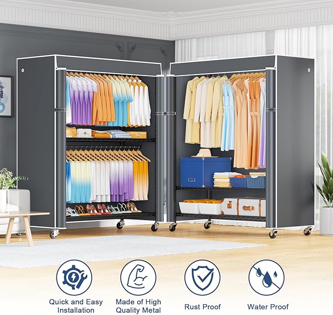 ULIFHOME P8C Max Heavy Duty Clothes Rack（With Extended Width Design） Rolling Clothing Racks for Hanging Clothes with Lockable Wheels，51.2" W x 15.8" D x 80.5" H，Load 700LBS，Black Rack with Grey Cover