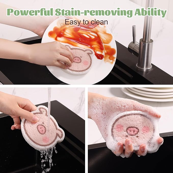 JOYMOOP Kitchen Sponge for Washing Dishes, 4 Pack Cartoon Cellulose Sponges for Cleaning, Reusable Non-Scratch Sponges for Household, Car Interior and Pet Supplies - Piggy Pattern