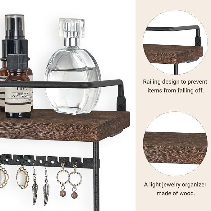 Mkono Hanging Jewelry Organizer Wall Mounted Jewelry Organizer Necklace Holder with Rustic Wood Shelf, Ring Display Box, Ear Studs Earring Holder Bracelet Organizer