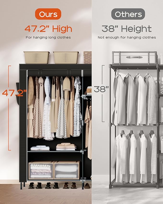 CASAMAYA Portable Closet, 77.6 Inch Extra Large Capacity Wardrobe Closet with Cover, Clothes Storage Organizer with Shelves and 3 Hanging Rods, Easy to Assembly, Black PCT223B01
