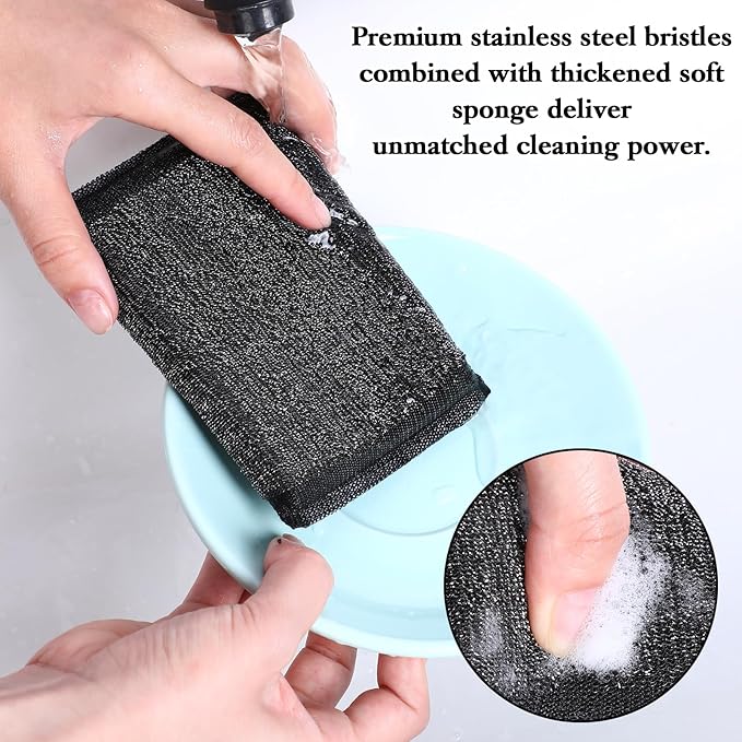 6 Pack Steel Wool Scrubber Sponges, Heavy Duty Stainless Steel Scouring Pads Reusable Non Scratch Metal Sponges Hand-Friendly Kitchen Cleaning Tool for Pots and Pans Tough Grease & Grime (Black)