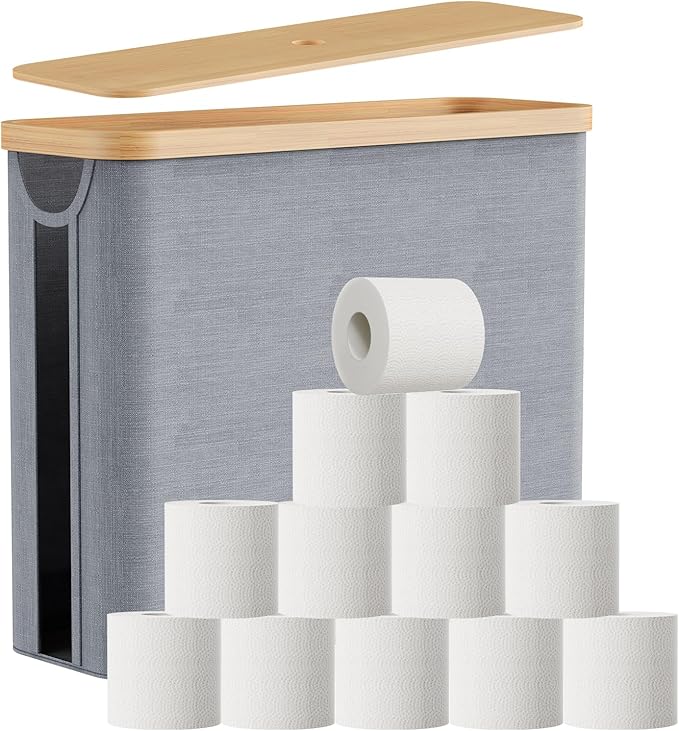 Toilet Paper Storage Basket with Bamboo Lid, Toilet Paper Holder with Storage, Free Standing Bathroom Storage Organizers with Non-Slip Bottom, Grey 1 Pack